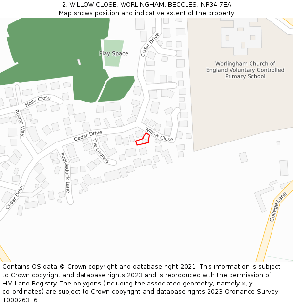 2, WILLOW CLOSE, WORLINGHAM, BECCLES, NR34 7EA: Location map and indicative extent of plot