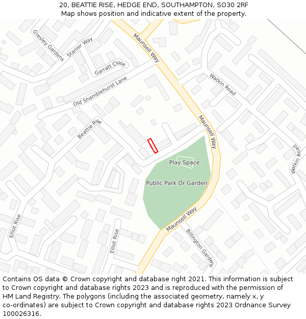 20, BEATTIE RISE, HEDGE END, SOUTHAMPTON, SO30 2RF: Location map and indicative extent of plot
