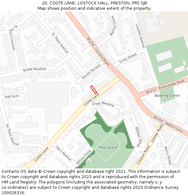 20, COOTE LANE, LOSTOCK HALL, PRESTON, PR5 5JB: Location map and indicative extent of plot