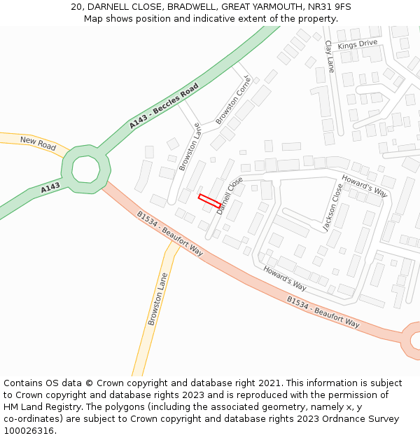 20, DARNELL CLOSE, BRADWELL, GREAT YARMOUTH, NR31 9FS: Location map and indicative extent of plot