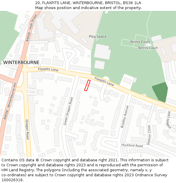 20, FLAXPITS LANE, WINTERBOURNE, BRISTOL, BS36 1LA: Location map and indicative extent of plot