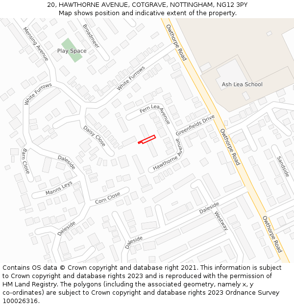 20, HAWTHORNE AVENUE, COTGRAVE, NOTTINGHAM, NG12 3PY: Location map and indicative extent of plot