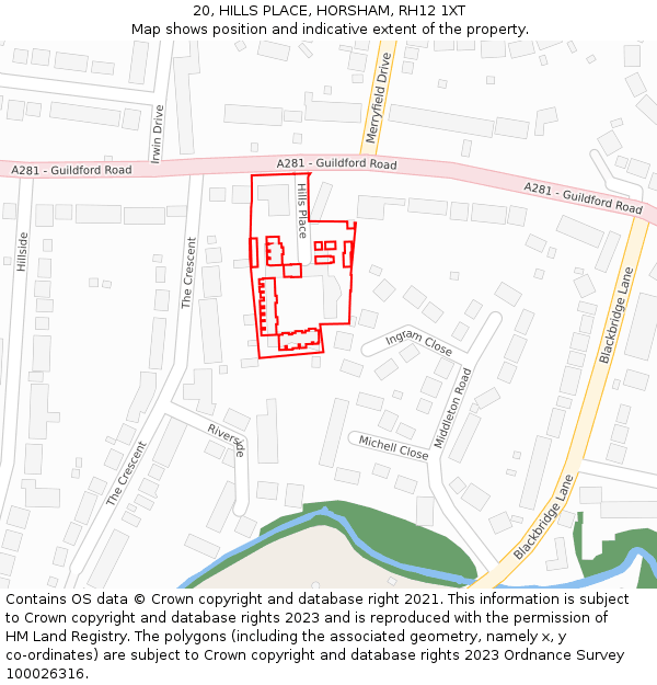 20, HILLS PLACE, HORSHAM, RH12 1XT: Location map and indicative extent of plot
