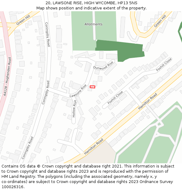 20, LAWSONE RISE, HIGH WYCOMBE, HP13 5NS: Location map and indicative extent of plot