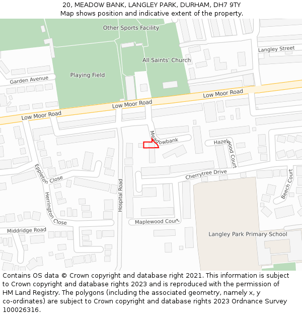 20, MEADOW BANK, LANGLEY PARK, DURHAM, DH7 9TY: Location map and indicative extent of plot