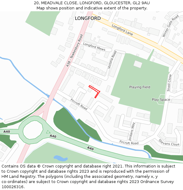 20, MEADVALE CLOSE, LONGFORD, GLOUCESTER, GL2 9AU: Location map and indicative extent of plot
