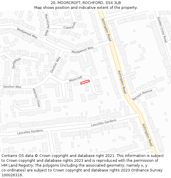 20, MOORCROFT, ROCHFORD, SS4 3LB: Location map and indicative extent of plot