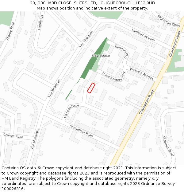 20, ORCHARD CLOSE, SHEPSHED, LOUGHBOROUGH, LE12 9UB: Location map and indicative extent of plot