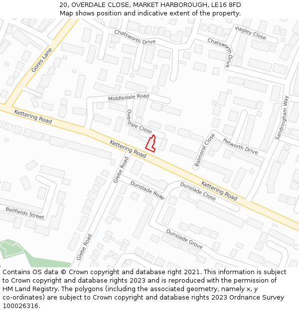 20, OVERDALE CLOSE, MARKET HARBOROUGH, LE16 8FD: Location map and indicative extent of plot