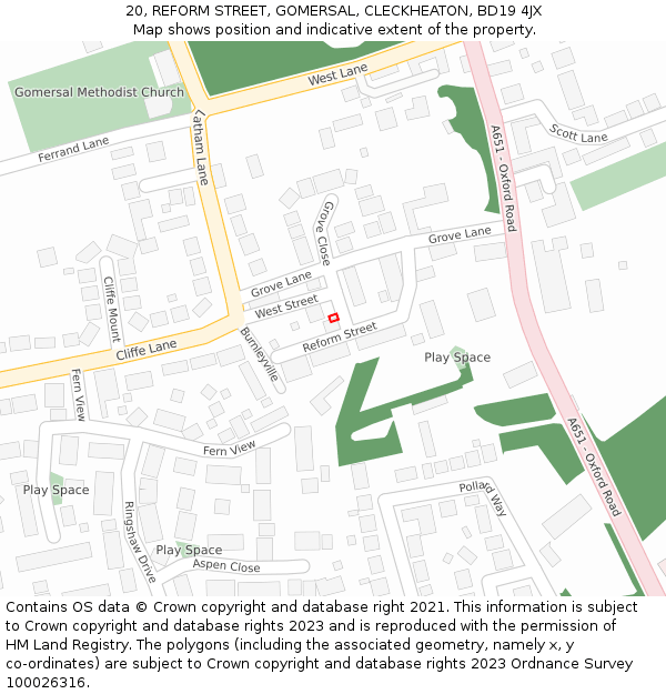 20, REFORM STREET, GOMERSAL, CLECKHEATON, BD19 4JX: Location map and indicative extent of plot
