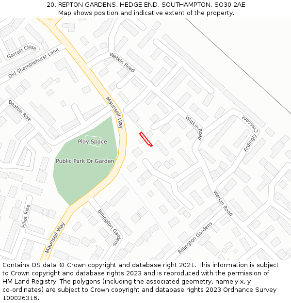 20, REPTON GARDENS, HEDGE END, SOUTHAMPTON, SO30 2AE: Location map and indicative extent of plot