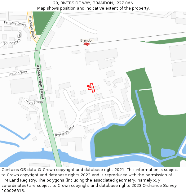 20, RIVERSIDE WAY, BRANDON, IP27 0AN: Location map and indicative extent of plot