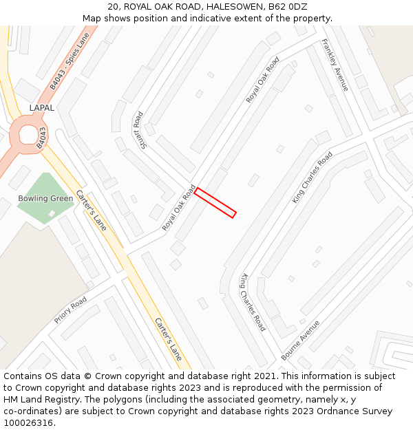 20, ROYAL OAK ROAD, HALESOWEN, B62 0DZ: Location map and indicative extent of plot