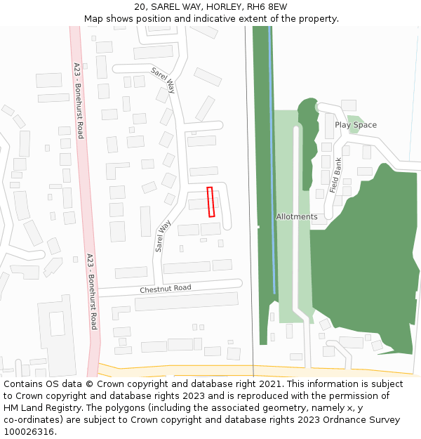 20, SAREL WAY, HORLEY, RH6 8EW: Location map and indicative extent of plot