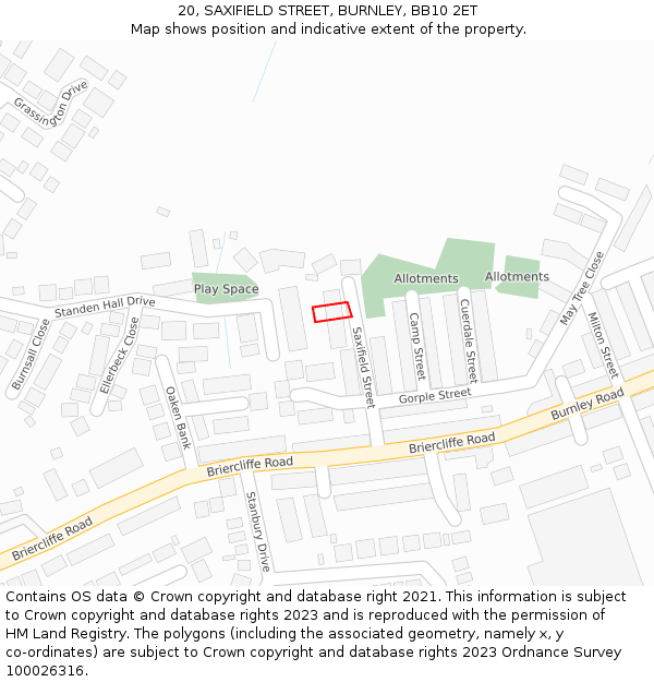 20, SAXIFIELD STREET, BURNLEY, BB10 2ET: Location map and indicative extent of plot