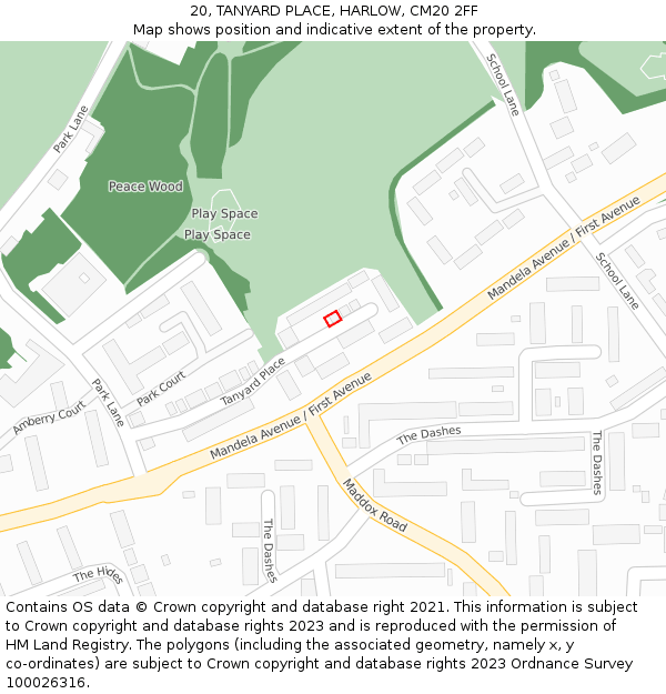20, TANYARD PLACE, HARLOW, CM20 2FF: Location map and indicative extent of plot