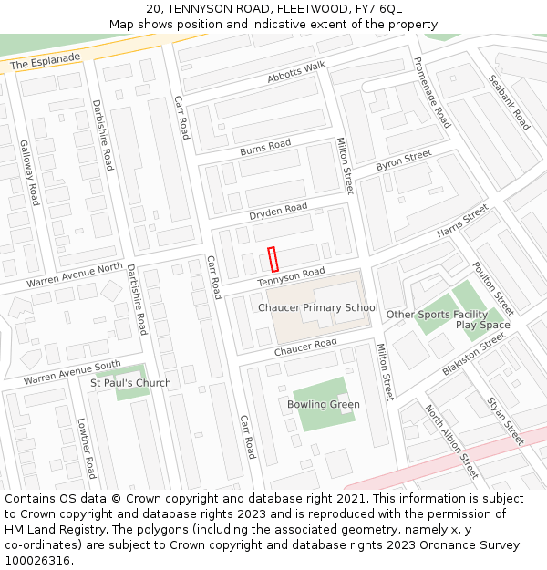 20, TENNYSON ROAD, FLEETWOOD, FY7 6QL: Location map and indicative extent of plot