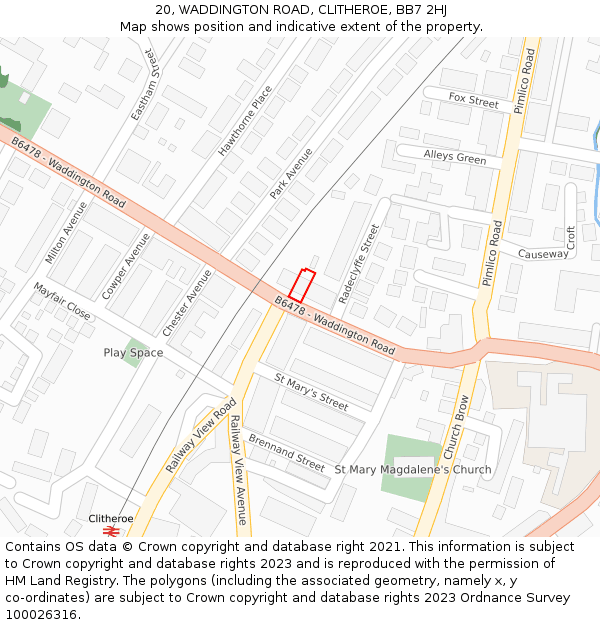 20, WADDINGTON ROAD, CLITHEROE, BB7 2HJ: Location map and indicative extent of plot