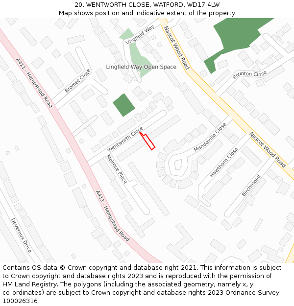 20, WENTWORTH CLOSE, WATFORD, WD17 4LW: Location map and indicative extent of plot