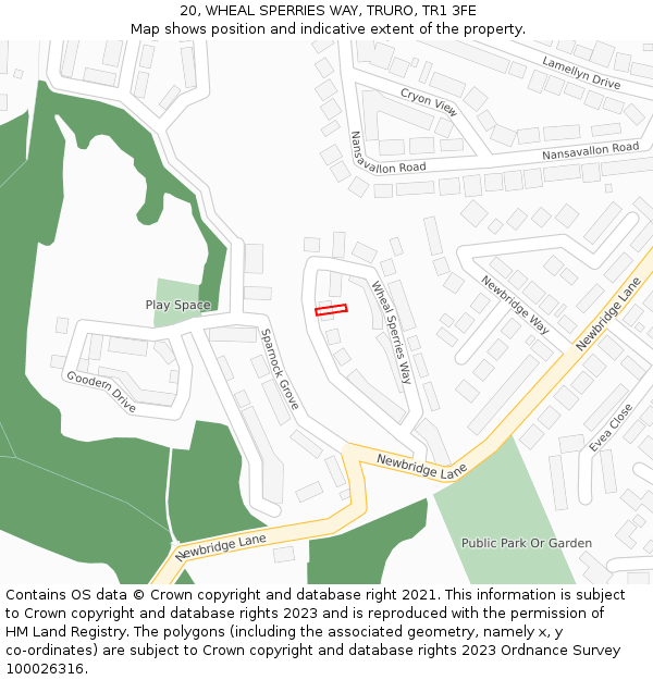 20, WHEAL SPERRIES WAY, TRURO, TR1 3FE: Location map and indicative extent of plot