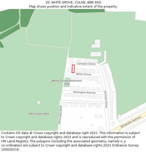 20, WHITE GROVE, COLNE, BB8 9SG: Location map and indicative extent of plot
