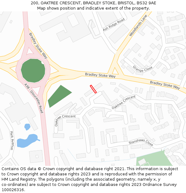 200, OAKTREE CRESCENT, BRADLEY STOKE, BRISTOL, BS32 9AE: Location map and indicative extent of plot
