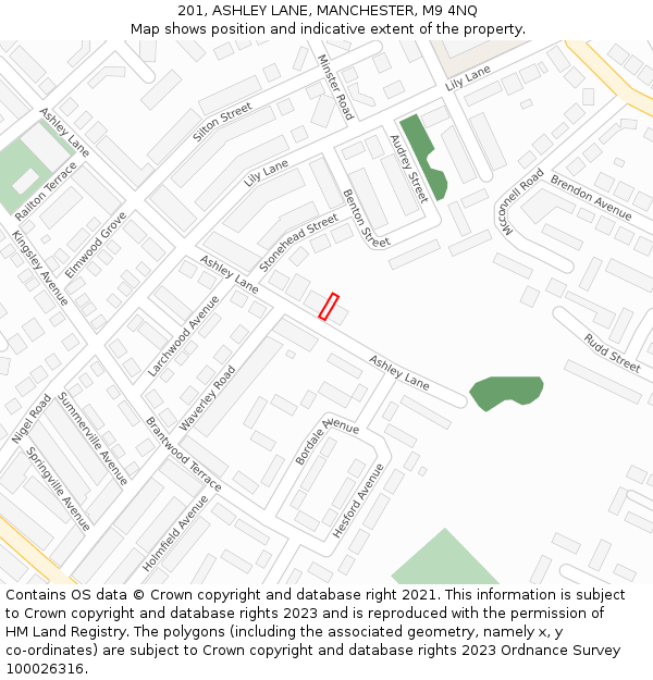 201, ASHLEY LANE, MANCHESTER, M9 4NQ: Location map and indicative extent of plot