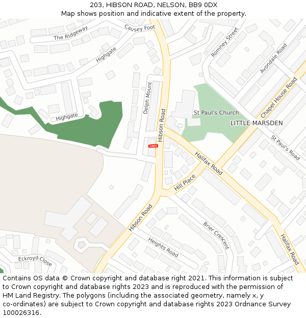 203, HIBSON ROAD, NELSON, BB9 0DX: Location map and indicative extent of plot