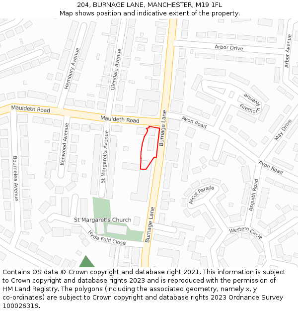 204, BURNAGE LANE, MANCHESTER, M19 1FL: Location map and indicative extent of plot