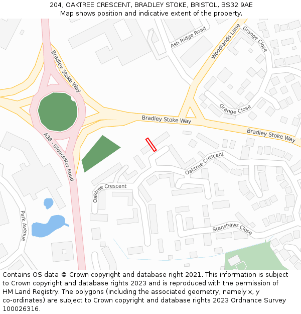 204, OAKTREE CRESCENT, BRADLEY STOKE, BRISTOL, BS32 9AE: Location map and indicative extent of plot