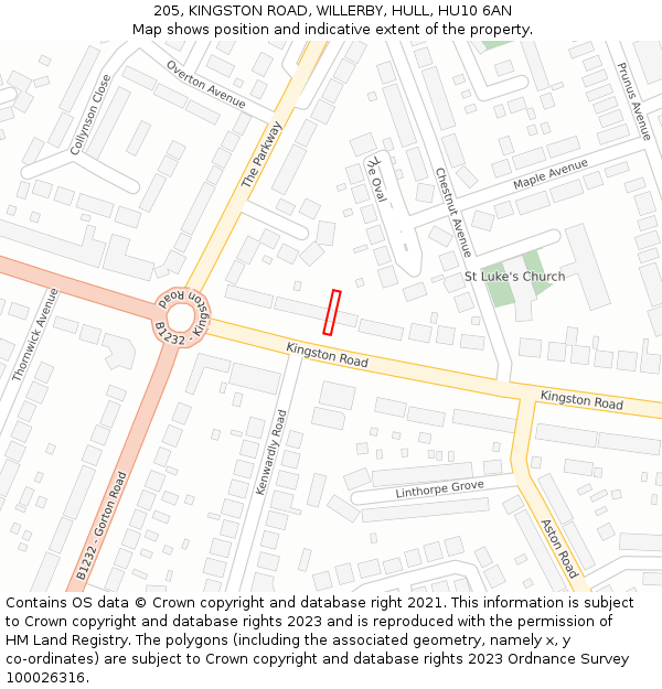 205, KINGSTON ROAD, WILLERBY, HULL, HU10 6AN: Location map and indicative extent of plot