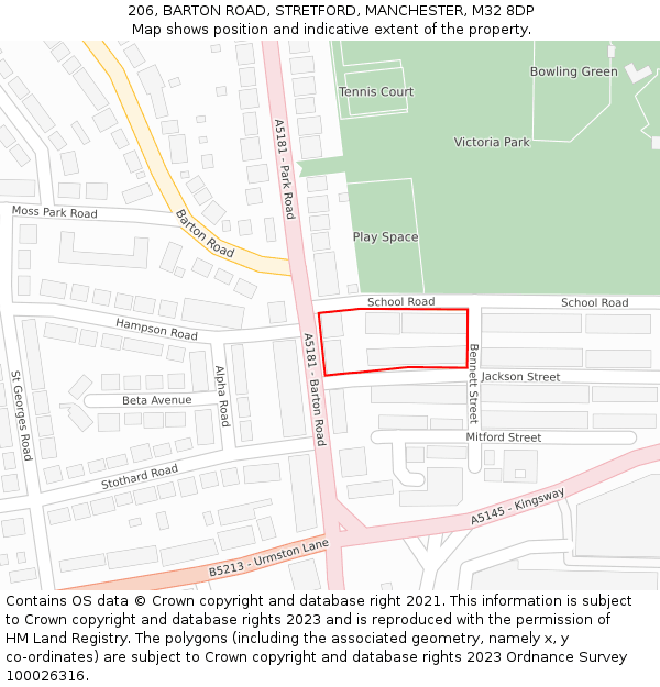 206, BARTON ROAD, STRETFORD, MANCHESTER, M32 8DP: Location map and indicative extent of plot