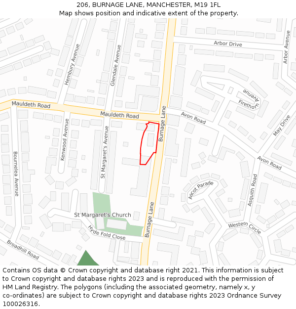 206, BURNAGE LANE, MANCHESTER, M19 1FL: Location map and indicative extent of plot