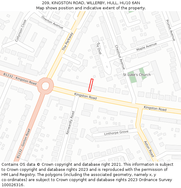 209, KINGSTON ROAD, WILLERBY, HULL, HU10 6AN: Location map and indicative extent of plot