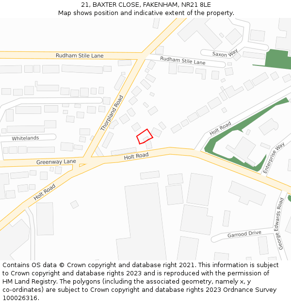 21, BAXTER CLOSE, FAKENHAM, NR21 8LE: Location map and indicative extent of plot