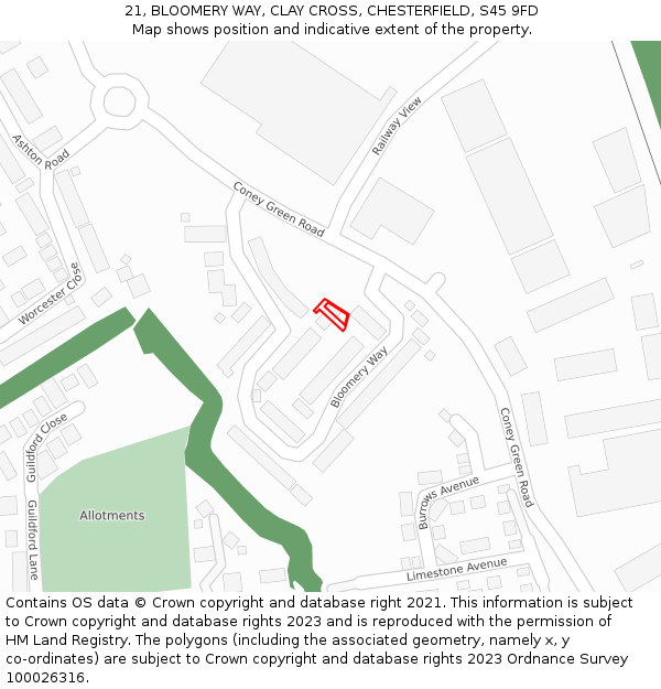 21, BLOOMERY WAY, CLAY CROSS, CHESTERFIELD, S45 9FD: Location map and indicative extent of plot