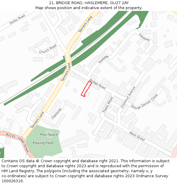 21, BRIDGE ROAD, HASLEMERE, GU27 2AY: Location map and indicative extent of plot