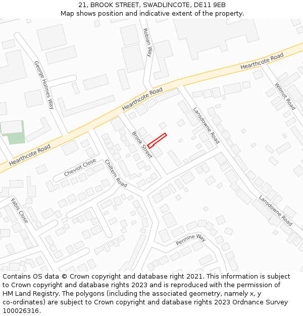 21, BROOK STREET, SWADLINCOTE, DE11 9EB: Location map and indicative extent of plot