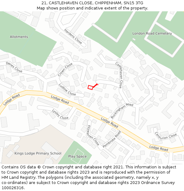 21, CASTLEHAVEN CLOSE, CHIPPENHAM, SN15 3TG: Location map and indicative extent of plot