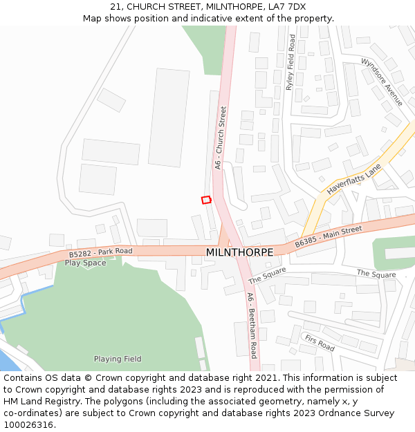 21, CHURCH STREET, MILNTHORPE, LA7 7DX: Location map and indicative extent of plot