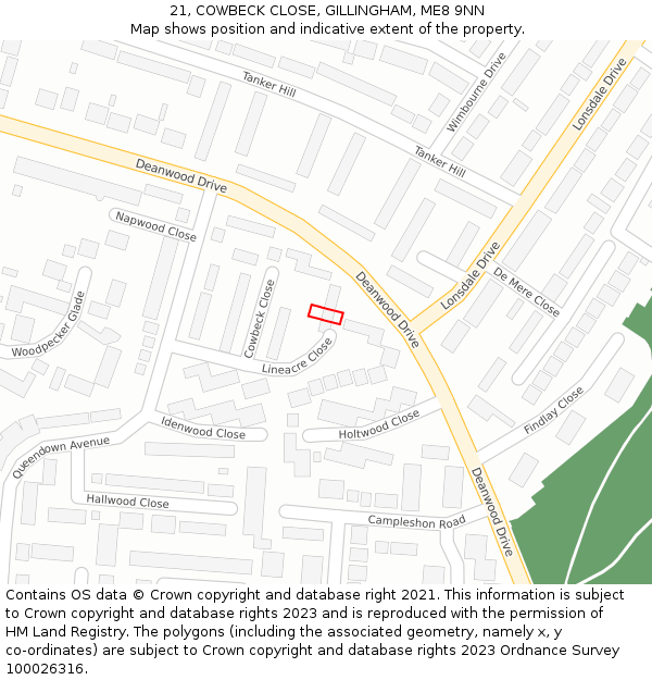 21, COWBECK CLOSE, GILLINGHAM, ME8 9NN: Location map and indicative extent of plot