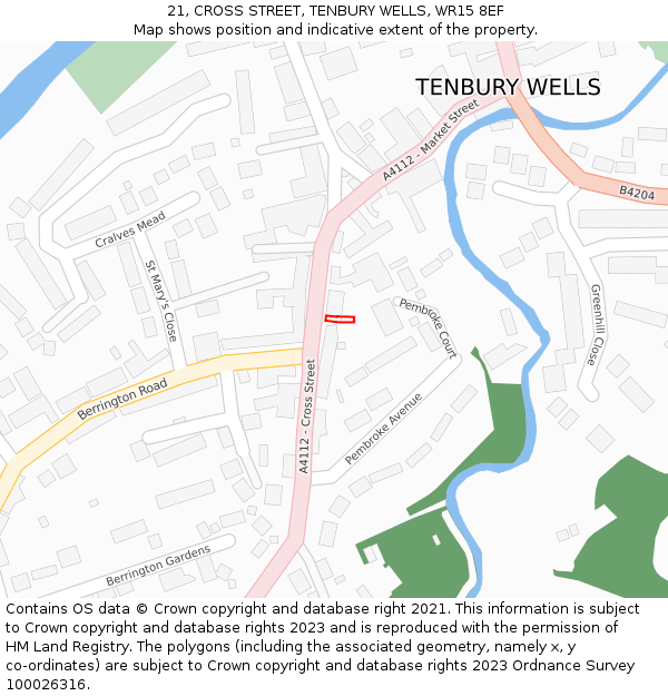 21, CROSS STREET, TENBURY WELLS, WR15 8EF: Location map and indicative extent of plot
