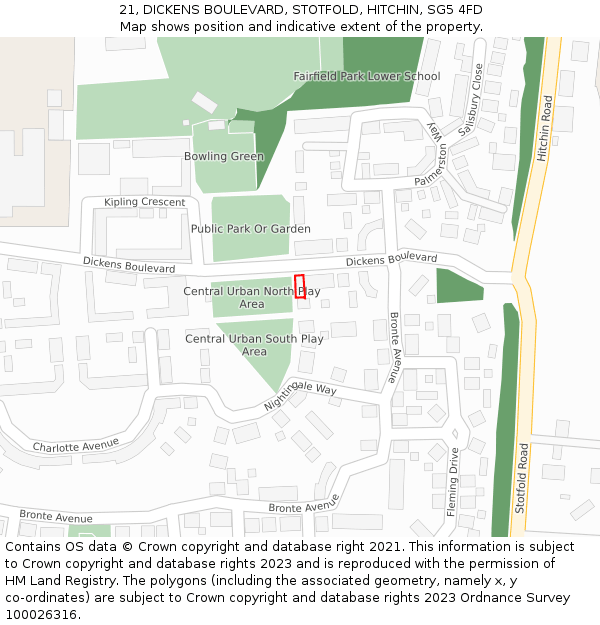 21, DICKENS BOULEVARD, STOTFOLD, HITCHIN, SG5 4FD: Location map and indicative extent of plot