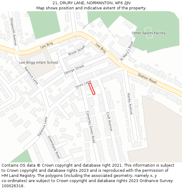 21, DRURY LANE, NORMANTON, WF6 2JN: Location map and indicative extent of plot