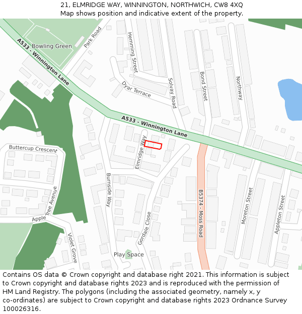 21, ELMRIDGE WAY, WINNINGTON, NORTHWICH, CW8 4XQ: Location map and indicative extent of plot