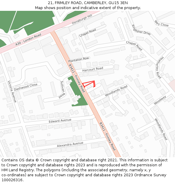21, FRIMLEY ROAD, CAMBERLEY, GU15 3EN: Location map and indicative extent of plot