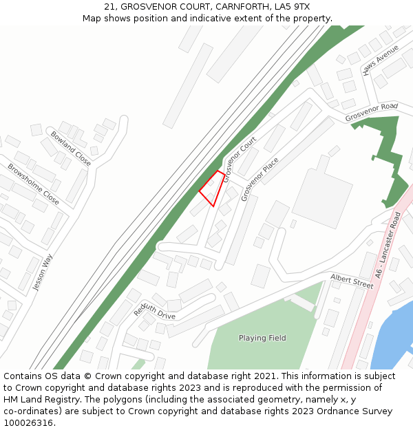 21, GROSVENOR COURT, CARNFORTH, LA5 9TX: Location map and indicative extent of plot