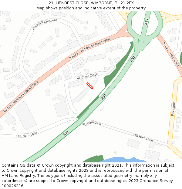 21, HENBEST CLOSE, WIMBORNE, BH21 2EX: Location map and indicative extent of plot