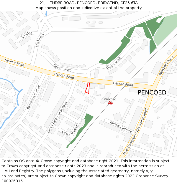 21, HENDRE ROAD, PENCOED, BRIDGEND, CF35 6TA: Location map and indicative extent of plot