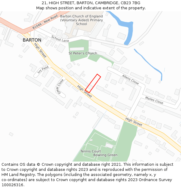 21, HIGH STREET, BARTON, CAMBRIDGE, CB23 7BG: Location map and indicative extent of plot